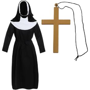 Unisex Nun Costume - Black Dress Habit Belt Cross - Halloween Men Women