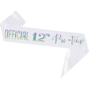Official 12 Pre-Teen White Sash with Multicolor Foil - Happy 12th Birthday Gift for Girl - Cheers to 12 Years Old Birthday Party Decorations