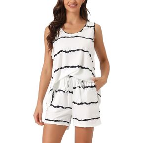 Women Striped Round Neck Sleeveless Shirt Shorts Pajama Set 2 Piece Sleepwear