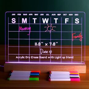 Clear Dry Erase Board Calendar with Light, 11.8 x 7.8 inch Acrylic Desk Calendar Whiteboard Glowing Message Board LED Writing Board for Creative Use - Includes 12 Dry Erase Markers