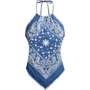 Design by Olivia Women's Sexy Denim Paisley Halter Shirt Bandana Top- Made in USA Destroyed Medium Denim2 M