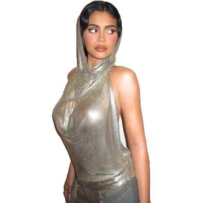Women’s Shiny Camisole Top Sexy Cowl Neck Sleeveless Backless Top with Head Scarf for Rave Festival Party Clubwear
