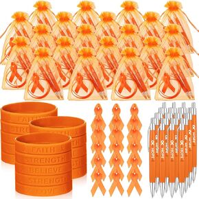 Qilery 50 Set Breast Cancer Awareness Gifts Set, Include Cancer Awareness Ribbon Pin Pen Bracelet and Bags for Domestic Violence Leukemia Pancreatic Cancer Lupus Multiple Sclerosis Awareness (Orange)
