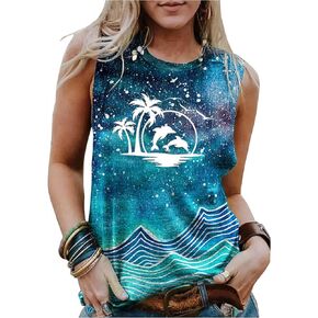 Tree of Life Gradient Tank Tops Women Phases of The Moon Graphic Tee Tops Summer Beach Casual Loose-Fit Sleeveless Shirt