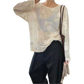 GORGLITTER Women's Sheer Mesh Top Long Sleeve Drop Shoulder Boat Neck Solid Tee Tops