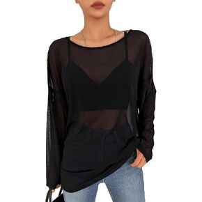 GORGLITTER Women's Sheer Mesh Top Long Sleeve Drop Shoulder Boat Neck Solid Tee Tops