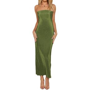 Women Sexy Strapless Maxi Dress Off Shoulder Low Cut Bodycon Tube Long Dress Elegant Ruffle Printed Split Sundress