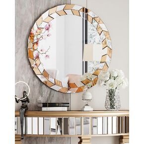 مرآة حائط مستديرة مقاس 60.96 سم: منضدة فضية مزخرفة كبيرة مع حافة إطار وأوراق زيتون زجاجية مشطوفة وخلفية، ديكور فني حديث معكوس لغرفة المعيشة وغرفة النوم in Kuwait