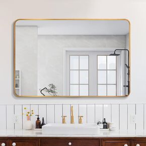 40x30 Inch Gold Bathroom Wall Mirror for Vanity, Round Corner Gold Metal Frame Rectangular Mirror, Wall Mounted Large Mirror Hanging Horizontally or Vertically