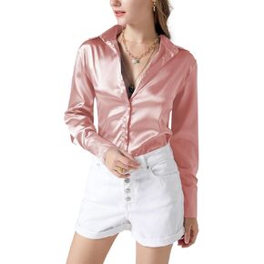 LYANER Women's Satin Silky Collar Buttons Down Long Sleeve Work Blouse Shirt Top