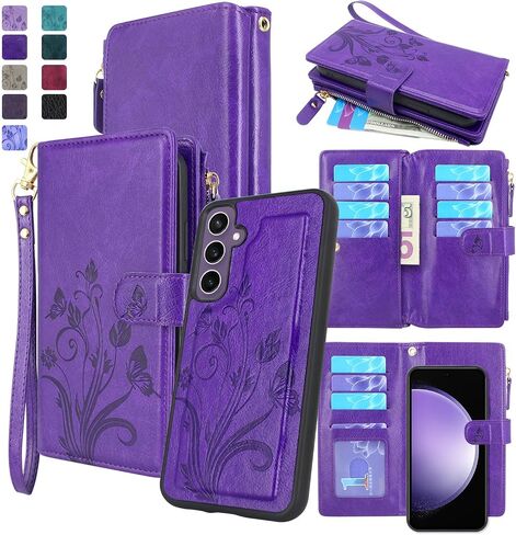 Lacass for Samsung Galaxy Galaxy S23 FE 2023, [12 Card Slots] ID Credit Cash Holder Holder Zipper Pocket Detachable Magnet Leather Wallet Cover with Wrist Strap Lanyard (Black) in Saudi Arabia
