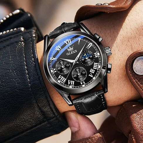 OLEVS Watches for Men Brown Leather Gold Case Analog Quartz Fashion Business Dress Watch Day Date Luminous Waterproof Casual Male Wrist Watches in Kuwait