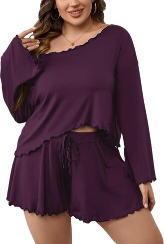OYOANGLE Women's Plus Size 2 Piece Lettuce Trim Long Sleeve Tee Shirt and Shorts Pajama Set in Saudi Arabia