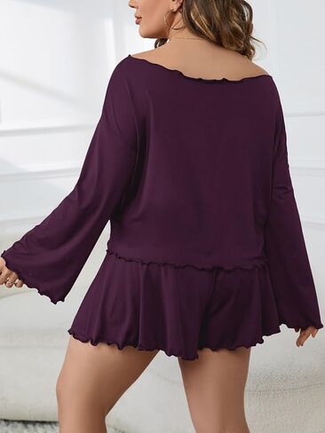 OYOANGLE Women's Plus Size 2 Piece Lettuce Trim Long Sleeve Tee Shirt and Shorts Pajama Set in Saudi Arabia