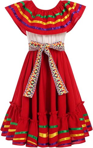 IDOPIP Mexican Dress for Girls Traditional Mexico Cinco de Mayo Fiesta Dress Toddler Rainbow Off Shoulder Folklorico Dresses in Saudi Arabia
