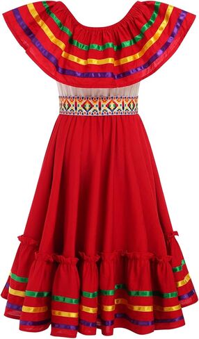 IDOPIP Mexican Dress for Girls Traditional Mexico Cinco de Mayo Fiesta Dress Toddler Rainbow Off Shoulder Folklorico Dresses in Saudi Arabia