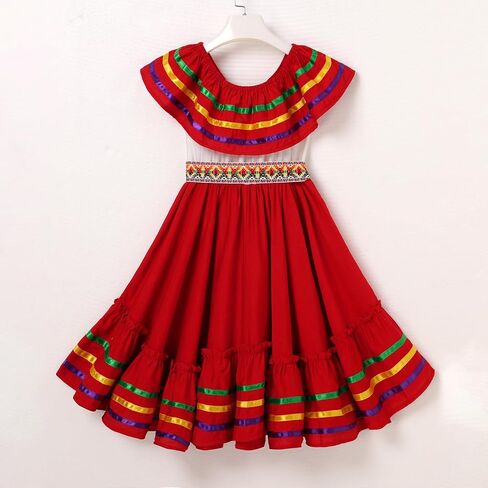 IDOPIP Mexican Dress for Girls Traditional Mexico Cinco de Mayo Fiesta Dress Toddler Rainbow Off Shoulder Folklorico Dresses in Saudi Arabia