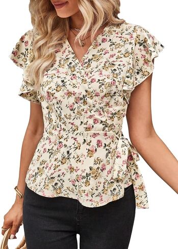 Floerns Women's Boho Floral Print Flounce Cap Sleeve Wrap V Neck Peplum Blouse Top in Saudi Arabia