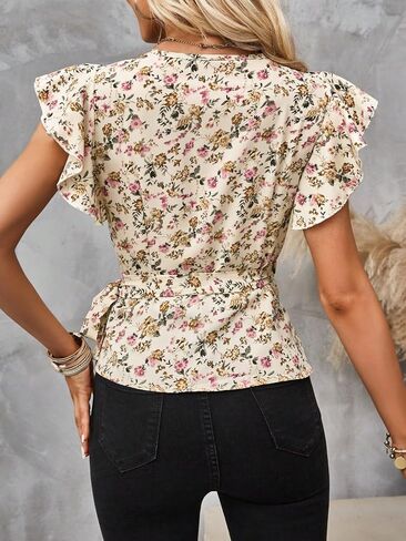 Floerns Women's Boho Floral Print Flounce Cap Sleeve Wrap V Neck Peplum Blouse Top in Saudi Arabia