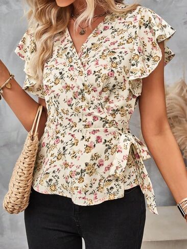 Floerns Women's Boho Floral Print Flounce Cap Sleeve Wrap V Neck Peplum Blouse Top in Saudi Arabia