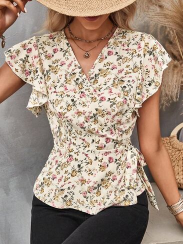 Floerns Women's Boho Floral Print Flounce Cap Sleeve Wrap V Neck Peplum Blouse Top in Saudi Arabia