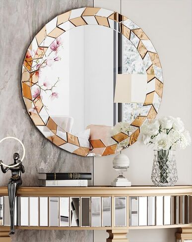 مرآة حائط مستديرة مقاس 60.96 سم: منضدة فضية مزخرفة كبيرة مع حافة إطار وأوراق زيتون زجاجية مشطوفة وخلفية، ديكور فني حديث معكوس لغرفة المعيشة وغرفة النوم in Kuwait