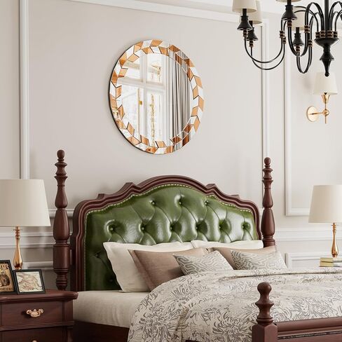 مرآة حائط مستديرة مقاس 60.96 سم: منضدة فضية مزخرفة كبيرة مع حافة إطار وأوراق زيتون زجاجية مشطوفة وخلفية، ديكور فني حديث معكوس لغرفة المعيشة وغرفة النوم in Kuwait