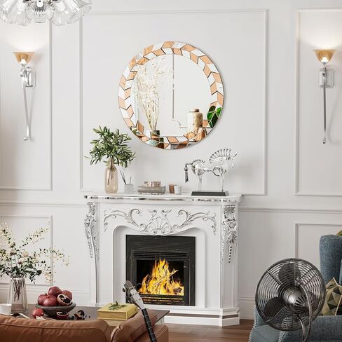 مرآة حائط مستديرة مقاس 60.96 سم: منضدة فضية مزخرفة كبيرة مع حافة إطار وأوراق زيتون زجاجية مشطوفة وخلفية، ديكور فني حديث معكوس لغرفة المعيشة وغرفة النوم in Kuwait