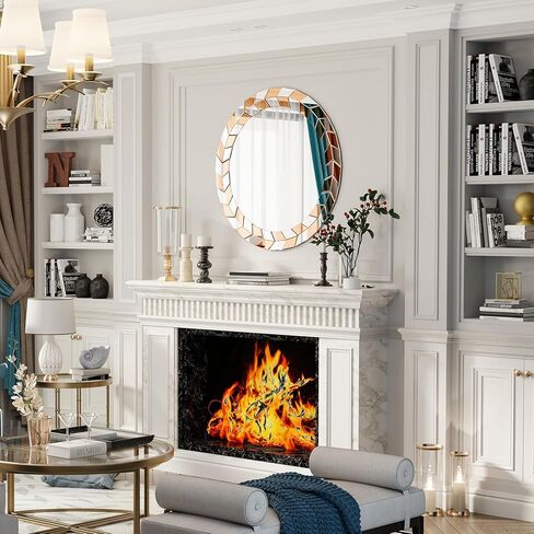 مرآة حائط مستديرة مقاس 60.96 سم: منضدة فضية مزخرفة كبيرة مع حافة إطار وأوراق زيتون زجاجية مشطوفة وخلفية، ديكور فني حديث معكوس لغرفة المعيشة وغرفة النوم in Kuwait