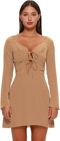 XLLAIS Deep V Neck Chest Drawstring Puff Sleeve Mini Bodycon Chiffon Dress in Saudi Arabia