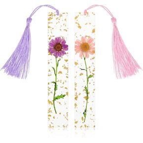 2 Pcs Daisy Bookmarks Resin Dried Flower Book Marks Clear Pressed Floral Book Marker with Tassels Cute Handmade Reading Marking Accessories Gift for Women Bookworms Book Lovers
