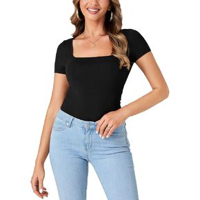 Women's Square Neck Tee Shirt Short Sleeve Basic Slim Fit Top