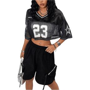 SOLY HUX Women's Summer Graphic Drop Shoulder T Shirt V Neck Short Sleeve Y2k Crop Tops