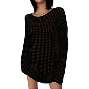 Floerns Women's Drop Shoulder Long Sleeve Round Neck Loose Beach Shirt Cover Ups