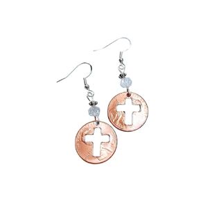 Penny Earrings with Cross Cutout, on sterling silver earwires, USA coin jewelry