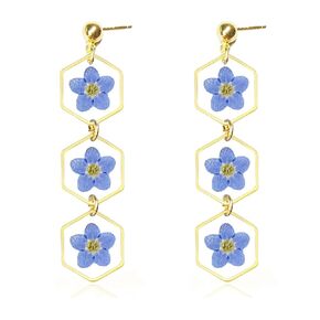 Forget-Me-Not pressed Flower Earrings| Unique Handmade Pressed Flower Pendant Earrings Mothers Day Gifts for Mom Floral Jewelry| 14k Gold Plated S925 Sterling Silver Stud| Geometry Locket Earrings for