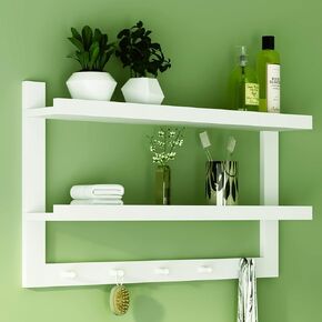 WELLAND 2 Tiers Entryway Floating Wall Shelf Hanging Shelf 29" L, Wall-Mounted Coat Rack Shelf with 5 Hooks for Hallway, Bathroom, Living Room, Bedroom,White