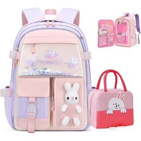 مجموعة حقائب ظهر Kawaii مكونة من قطعتين مع حقيبة غداء، حقائب ظهر على شكل أرنب مقاس 17.7 بوصة للفتيات حقيبة مدرسية جمالية ذات سعة كبيرة وحقائب كتب لطيفة مع جيب رملي متحرك ودمية أرنب، أرجواني