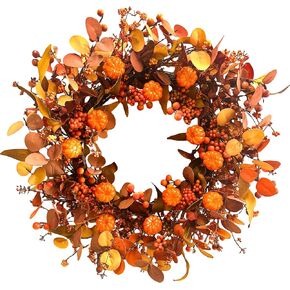 22 Inch Fall Wreath Artificial Pumpkin Wreaths for Front Door Autumn Door Wreath with Orange Eucalyptus Leaves Berries for Thanksgiving Day Harvest Festival Indoor Outdoor Celebration