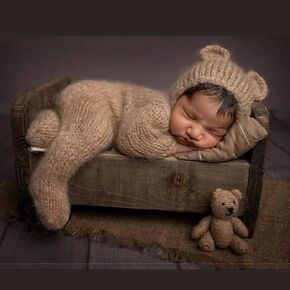 Newborn Photography Props Boys Girls Outfits Mohair Bear Hat Romper Bodysuit Baby Photoshoot Clothes Photo Props for Babies (Camel color)