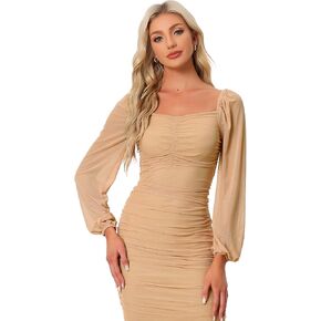 Allegra K Mesh Long Sleeve Dress for Women's Ruched Party Mini Bodycon Dress