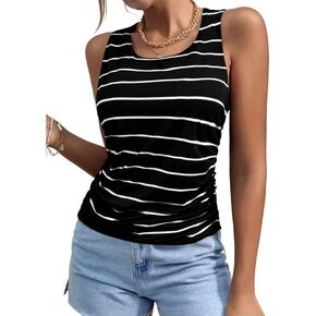 BRUBOBO Womens Scoop Neck Tank Tops Casual Loose Striped Shirts Sleeveless Blouses