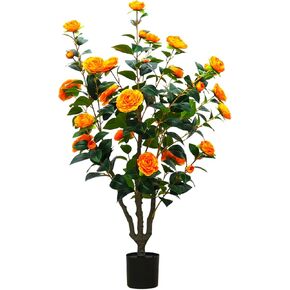 artificial flower trees outdoor,40IN Artificial Camellia Rose Flowering Tree with Realistic Orange Flowers,Topiary Trees fake Outdoor porch summer fake tree tree decor flowering plastic tall tree