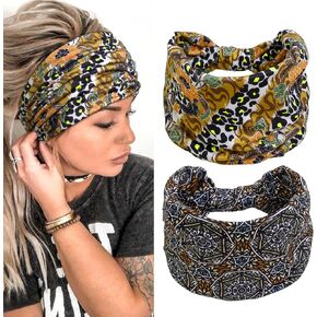 TERSE 2 Packs Headbands for Women Boho Extra Wide 7’’ Black Head Bands African Knotted Non Slip Fashion Hair Band Stretch Yoga Workout Running Gym Hairbands Turban Bandana for Girls