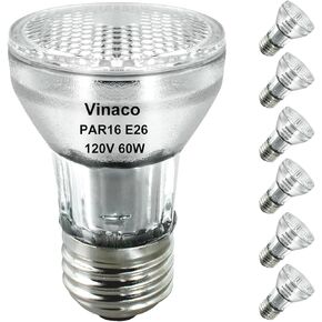 Vinaco PAR16 Halogen Bulb 60 Watt, 6 Pack High Output 480LM PAR16 Bulb, PAR16 Flood 60W Warm White 2800K, PAR16 Dimmable with E26 Base, Halogen 60W PAR16 Long Neck for Ceiling Light