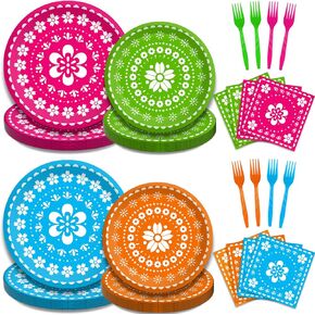 96 Pcs Fiesta Party Plates, Mexican Cinco De Mayo Party Decorations Supplies Mexican Papel Picado Disposable Paper Plates Napkins for Taco Carnival Birthday Baby Shower Tableware, Serves 24