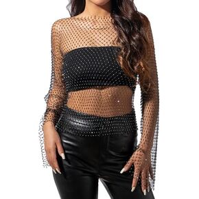Rhinestone Mesh Top for Women Sparkly Mesh Top See Through Mesh Cover Up Bikini Boat Neck Long Sleeve Top in Kuwait