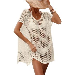 MakeMeChic Women's Hollow Out Sheer Beach Cover Ups V Neck Short Sleeve Split Loose Swimwear Cover Up