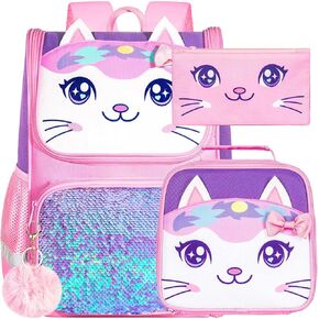 UFNDC 3PCS Unicorn Backpack, 15" Girls Sequin Bookbag with Lunch Box, Purple Kids School Bag for Elementary Preschool Toddler
