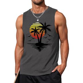 Hawaiian Palm Tree Graphic Tank Tops for Men Sleeveless Cut Off Shirts Beach Muscle Tshirts Running Gym Workout Tees